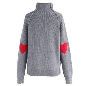 Chicwish Heart + Soul Gray Ribbed Elbow Heart Patch Knit Turtleneck Sweater Top